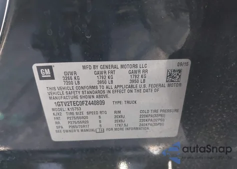 2015 GMC Sierra 1500 z USA, uszkodzony, nr VIN 1GTV2TEC0FZ440809